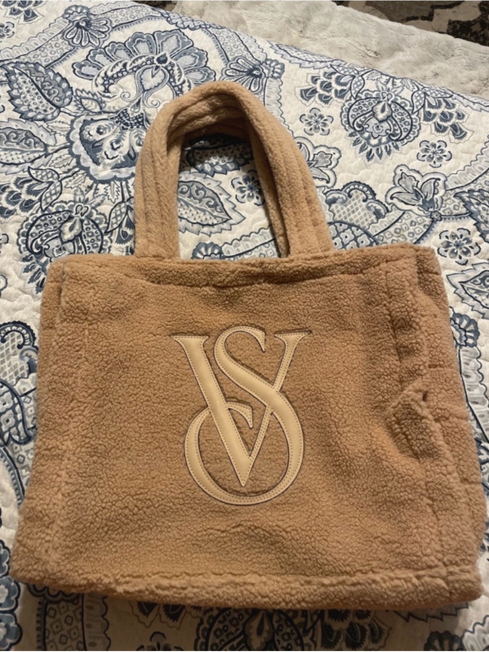 Victoria's Secret tan Teddy Tote with VS Monogram